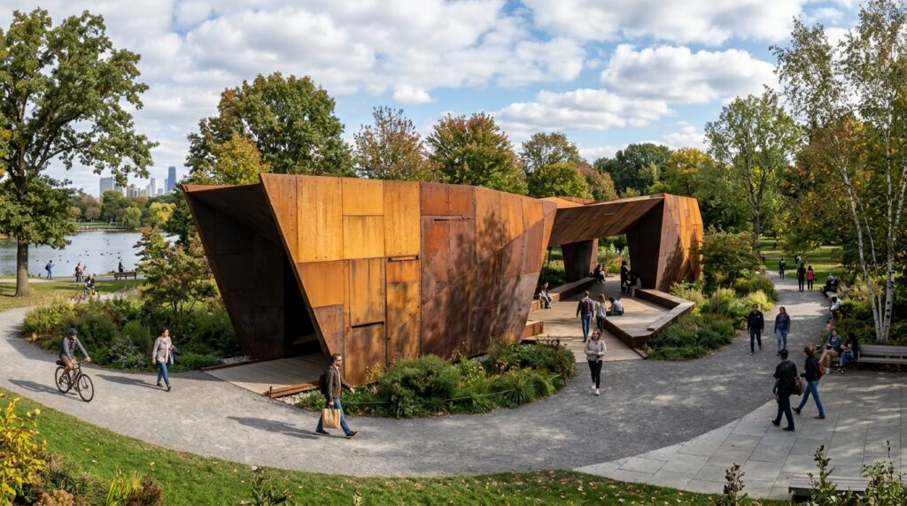 Fachada de pavilhão moderno em aço corten com diferentes tonalidades sob a luz do sol em um parque aberto.