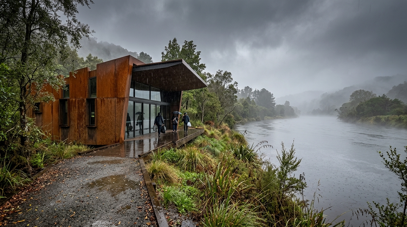 Fachada de prédio em aço corten em ambientes úmidos à beira de um rio com neblina e vegetação sob luz natural.
