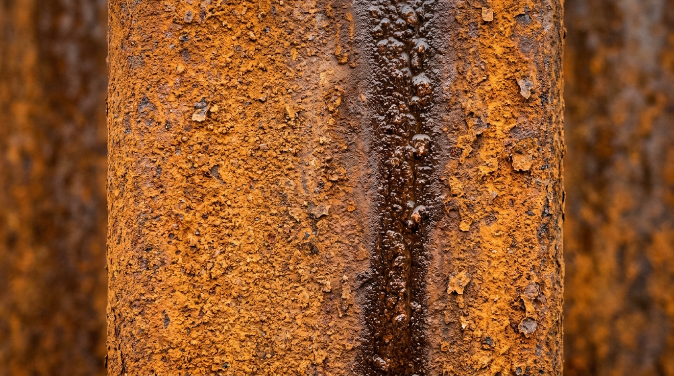 Close detalhado de placa metálica oxidada revelando a textura onde o aço corten mancha a própria superfície.