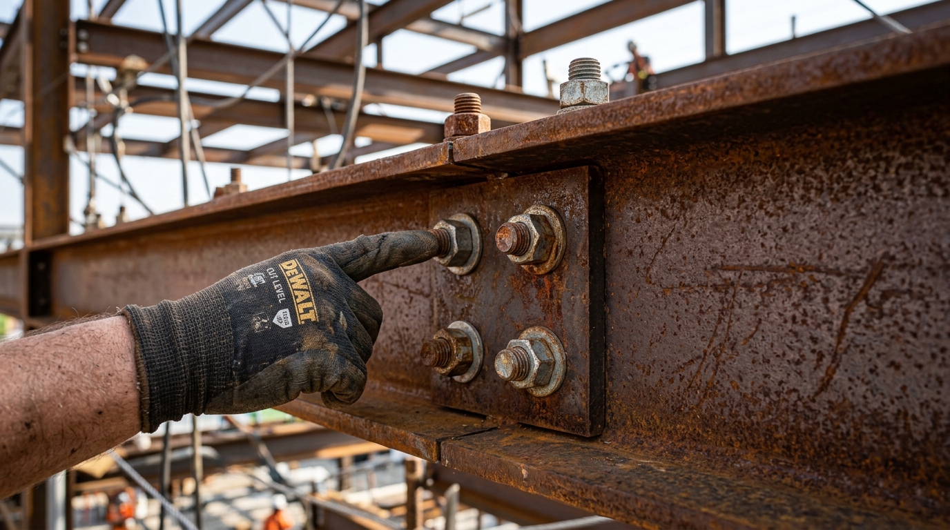 Detalhe da textura oxidada e parafusos em uma viga de aço corten na construção civil durante inspeção técnica.