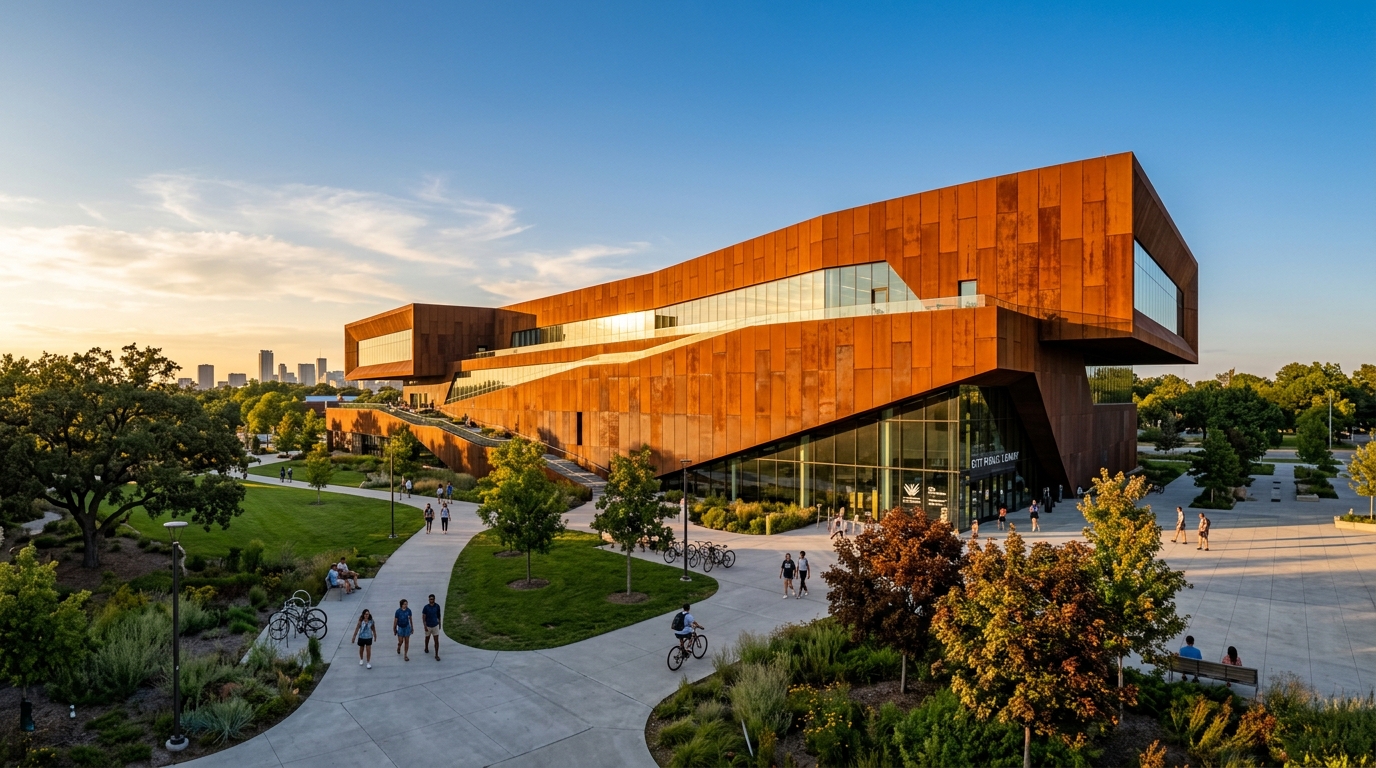 Fachada de prédio moderno revestida com aço corten na construção civil em um cenário urbano amplo sob a luz do sol.