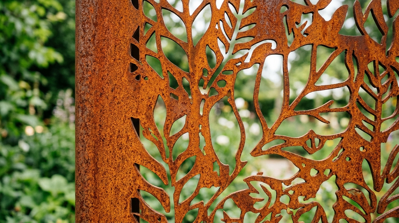 Detalhe da textura oxidada e furos de painel em aço corten para separar espaços de forma elegante e resistente.