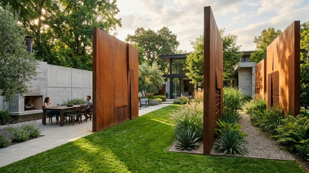 Jardim amplo com painéis altos de aço corten para separar espaços entre a área verde e a estrutura da casa moderna.