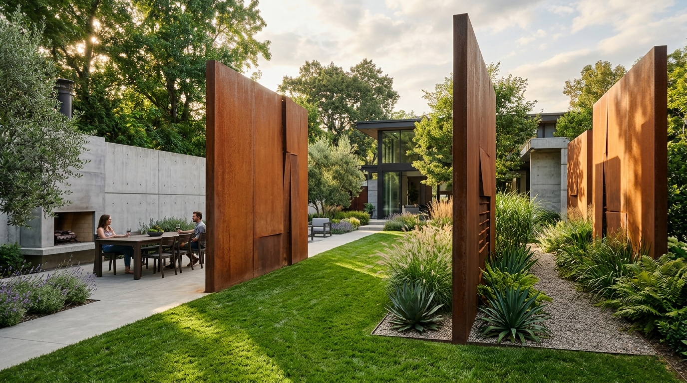 Jardim amplo com painéis altos de aço corten para separar espaços entre a área verde e a estrutura da casa moderna.