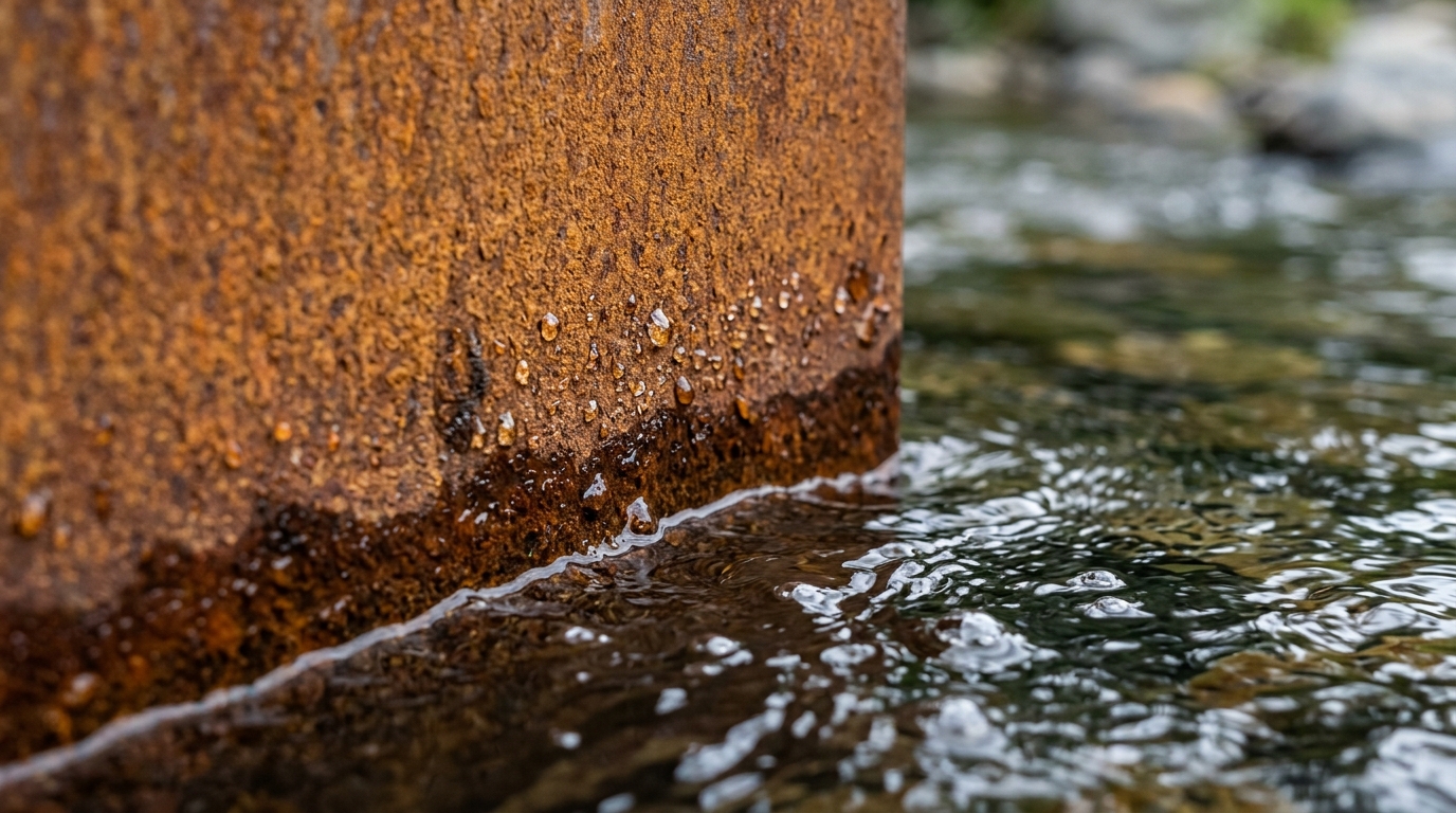 Detalhe de placa rugosa mostrando como o aço corten pode ficar em contato com a água de forma duradoura e técnica.