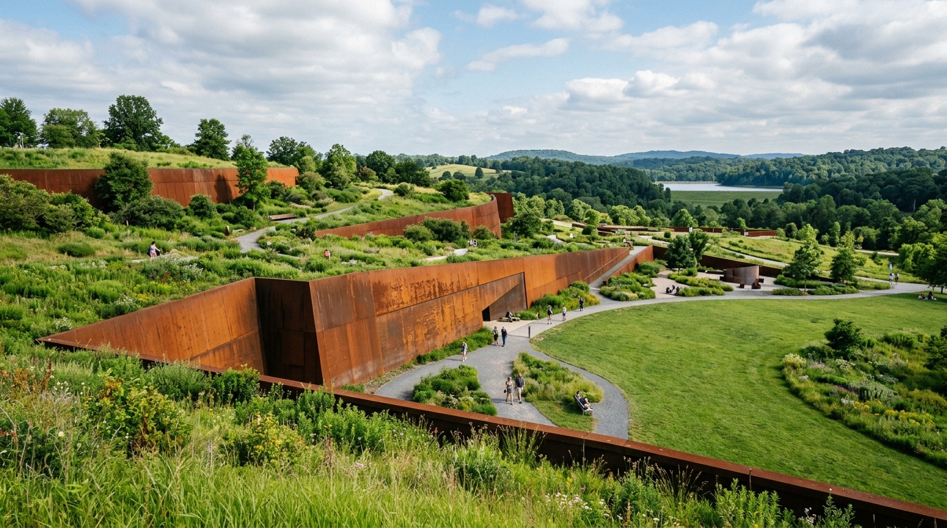 Vista ampla de muros em aço corten pode ser enterrado compondo o paisagismo de um parque moderno sob luz solar natural.