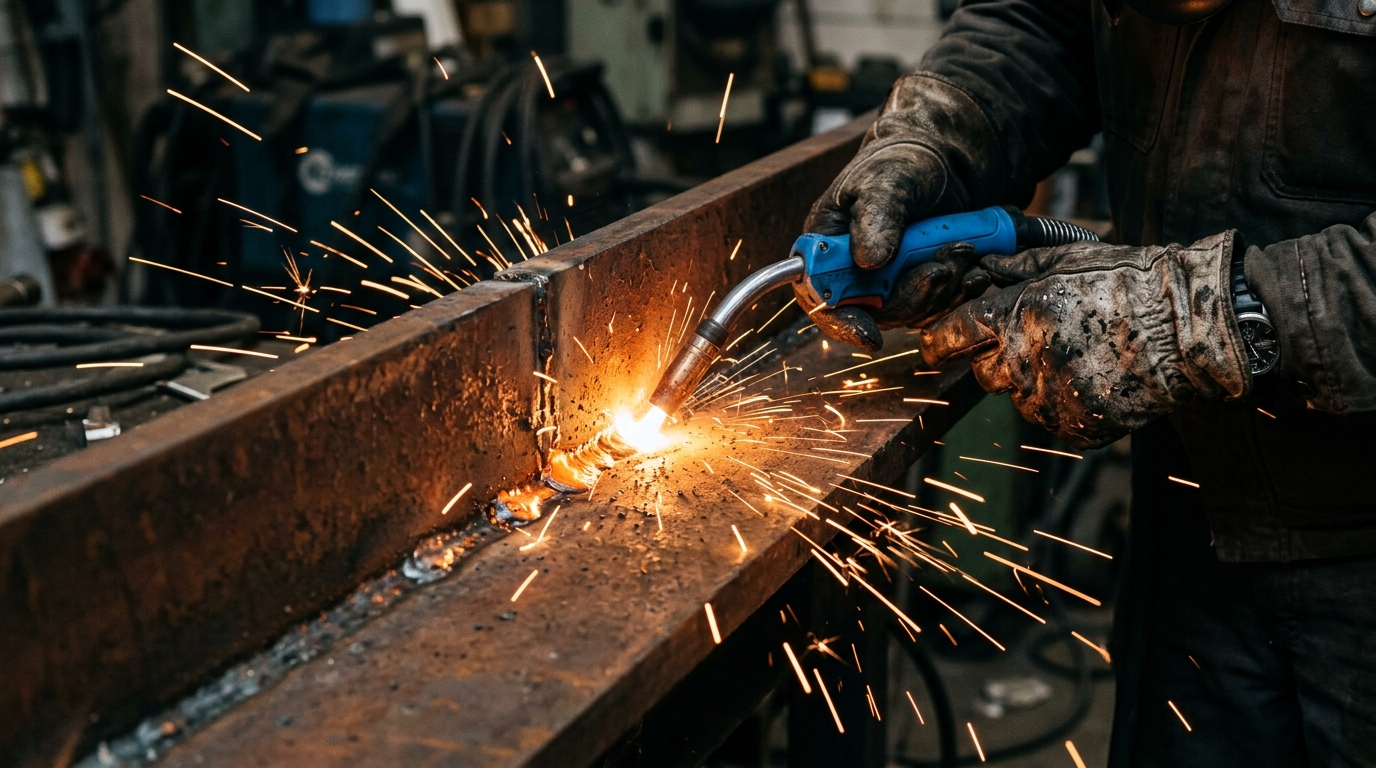 Close técnico detalhado de um processo de fusão em aço corten soldado com faíscas e textura de metal oxidado.