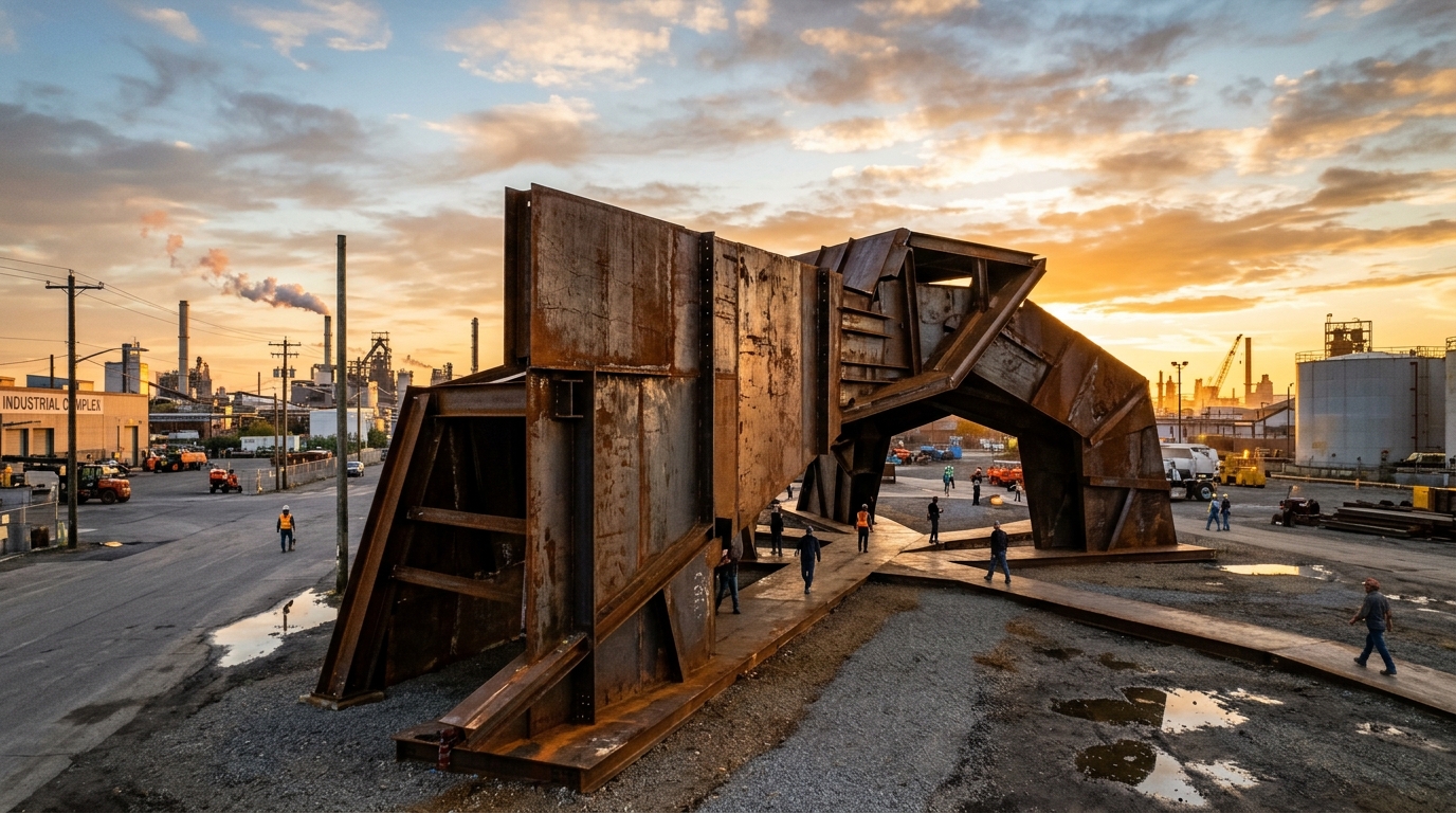 Fachada moderna de um edifício industrial em aço corten soldado sob a luz do pôr do sol em ângulo panorâmico.