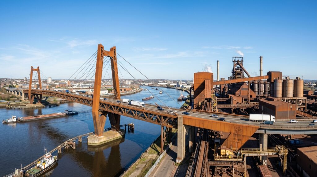 Vista panorâmica de ponte moderna construída com chapa de aço patinável em ambiente industrial sob luz natural.