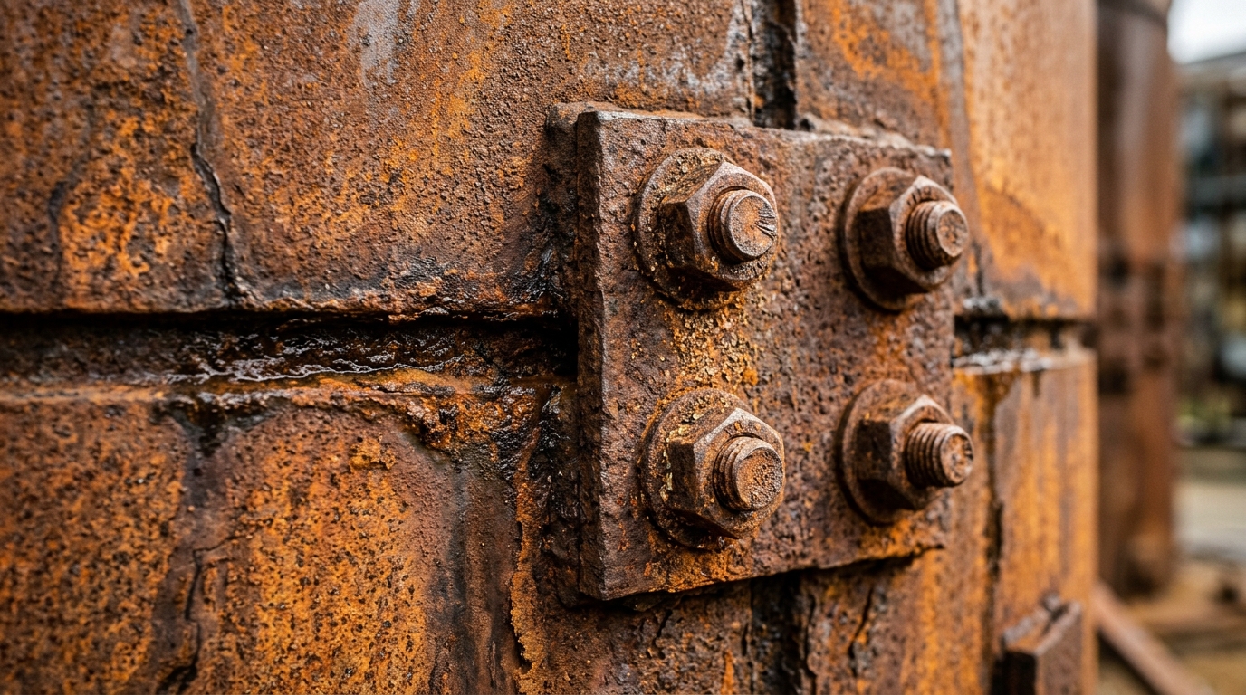 Detalhe em close da textura oxidada e encaixes técnicos de uma placa de cobertura em aço corten resistente.