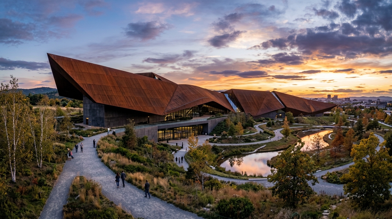 Vista panorâmica de prédio moderno com ampla cobertura em aço corten sob a luz do pôr do sol em um parque.