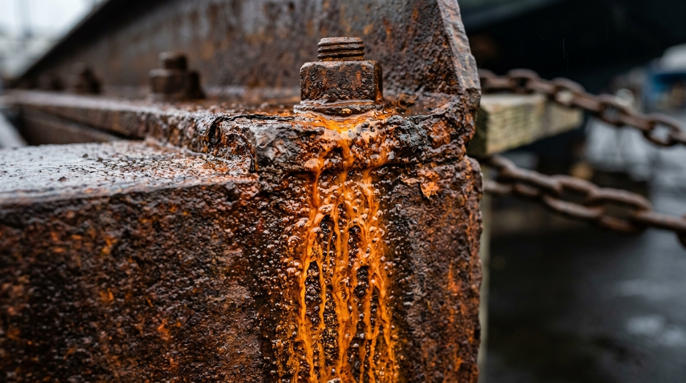 Detalhe em close da textura enferrujada de uma viga mostrando o padrão de escorrimento do aço corten após a chuva.