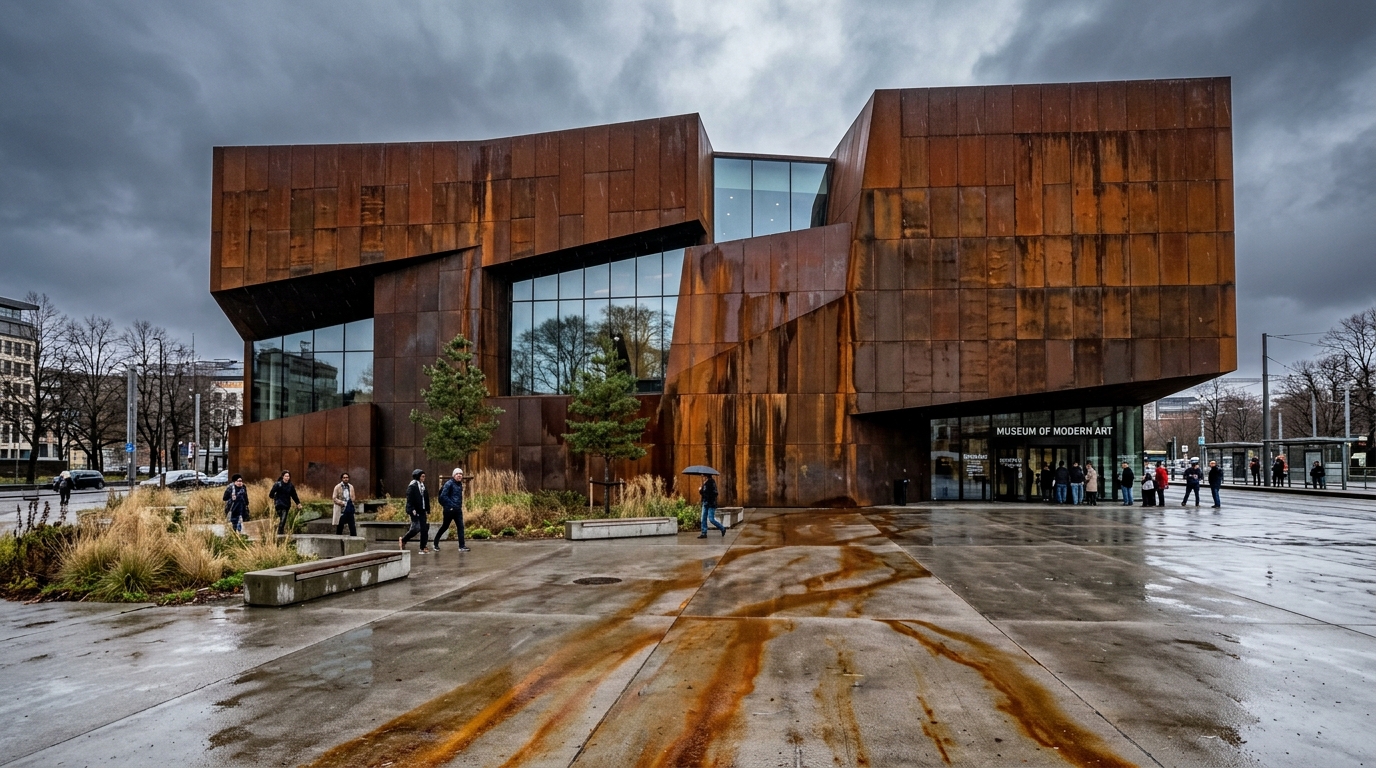 Fachada de museu moderno com manchas laranjas causadas pelo escorrimento do aço corten em paredes e calçadas externas.