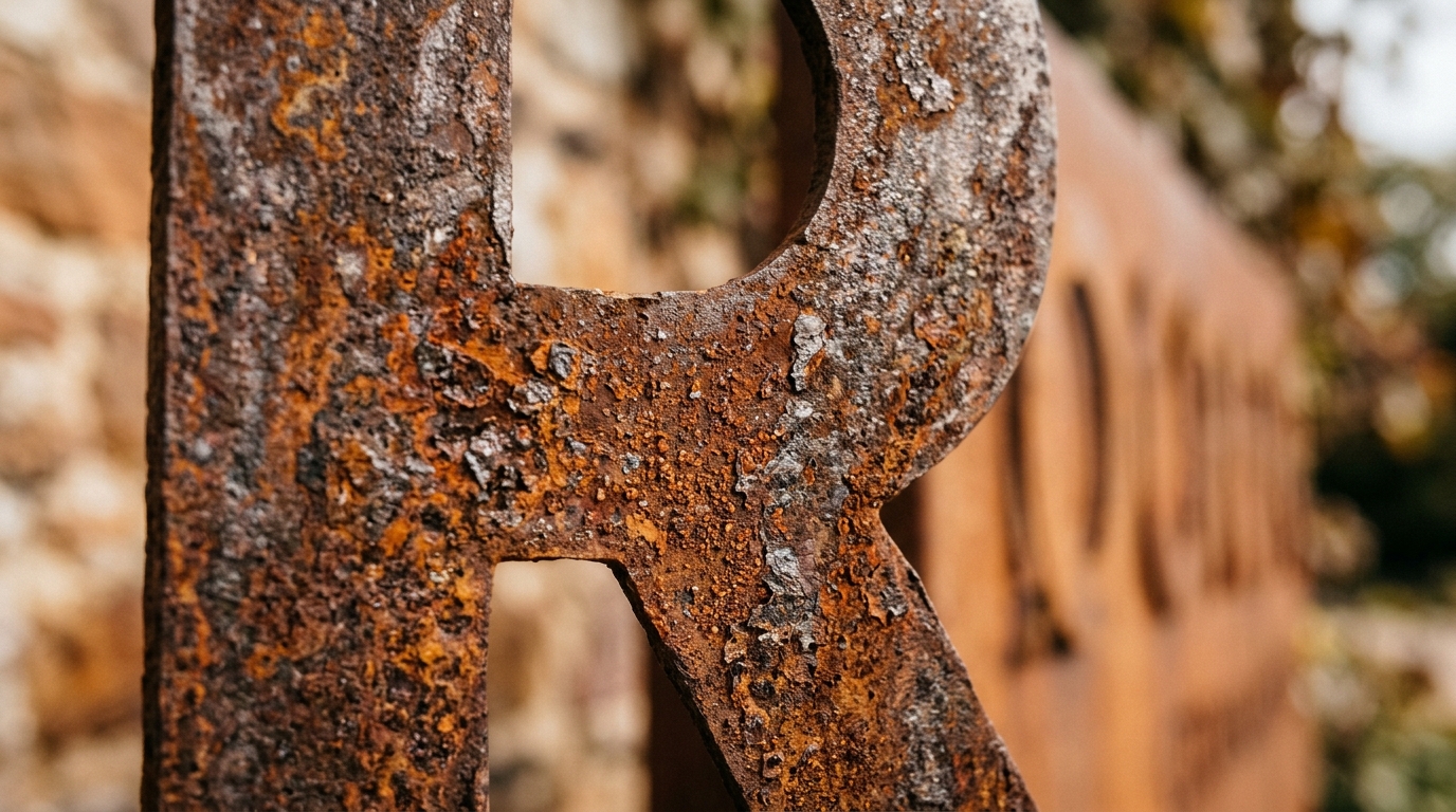 Detalhe em close da textura oxidada e tons terrosos de letras de aço corten em ambiente externo.