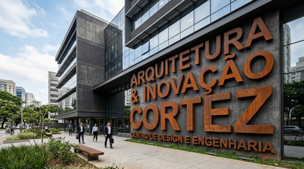 Fachada de prédio moderno com grandes letras de aço corten instaladas em parede de concreto sob luz natural.
