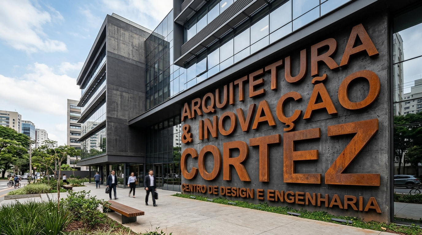 Fachada de prédio moderno com grandes letras de aço corten instaladas em parede de concreto sob luz natural.