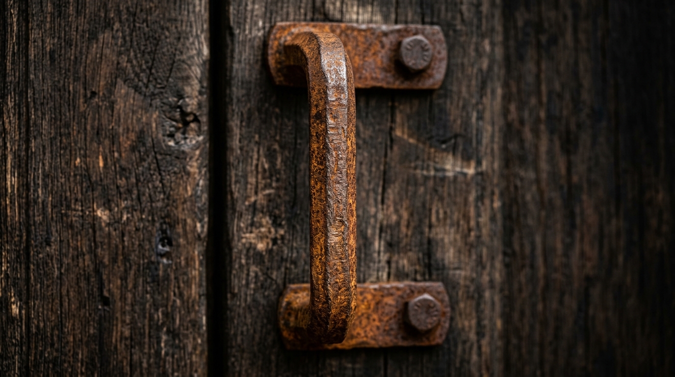 Detalhe em close de um puxador em aço corten com textura oxidada instalado em uma porta de madeira escura.