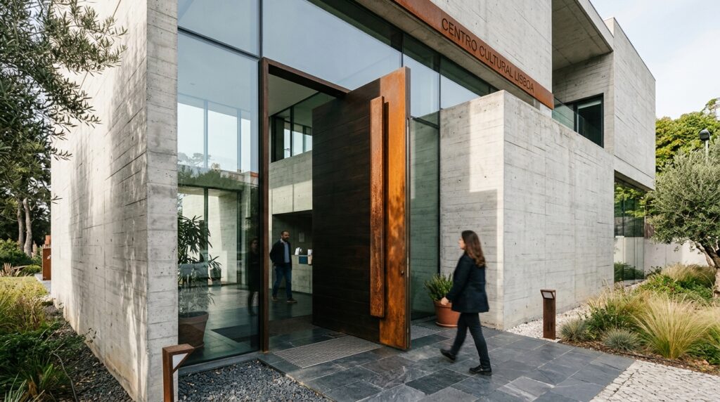Entrada de prédio moderno com porta monumental e um longo puxador em aço corten em vista panorâmica e luz natural.