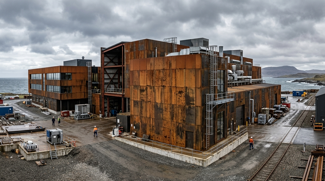 Fachada industrial ampla exibindo painéis metálicos oxidados com o uso de reagente aço corten em pó sob luz natural.